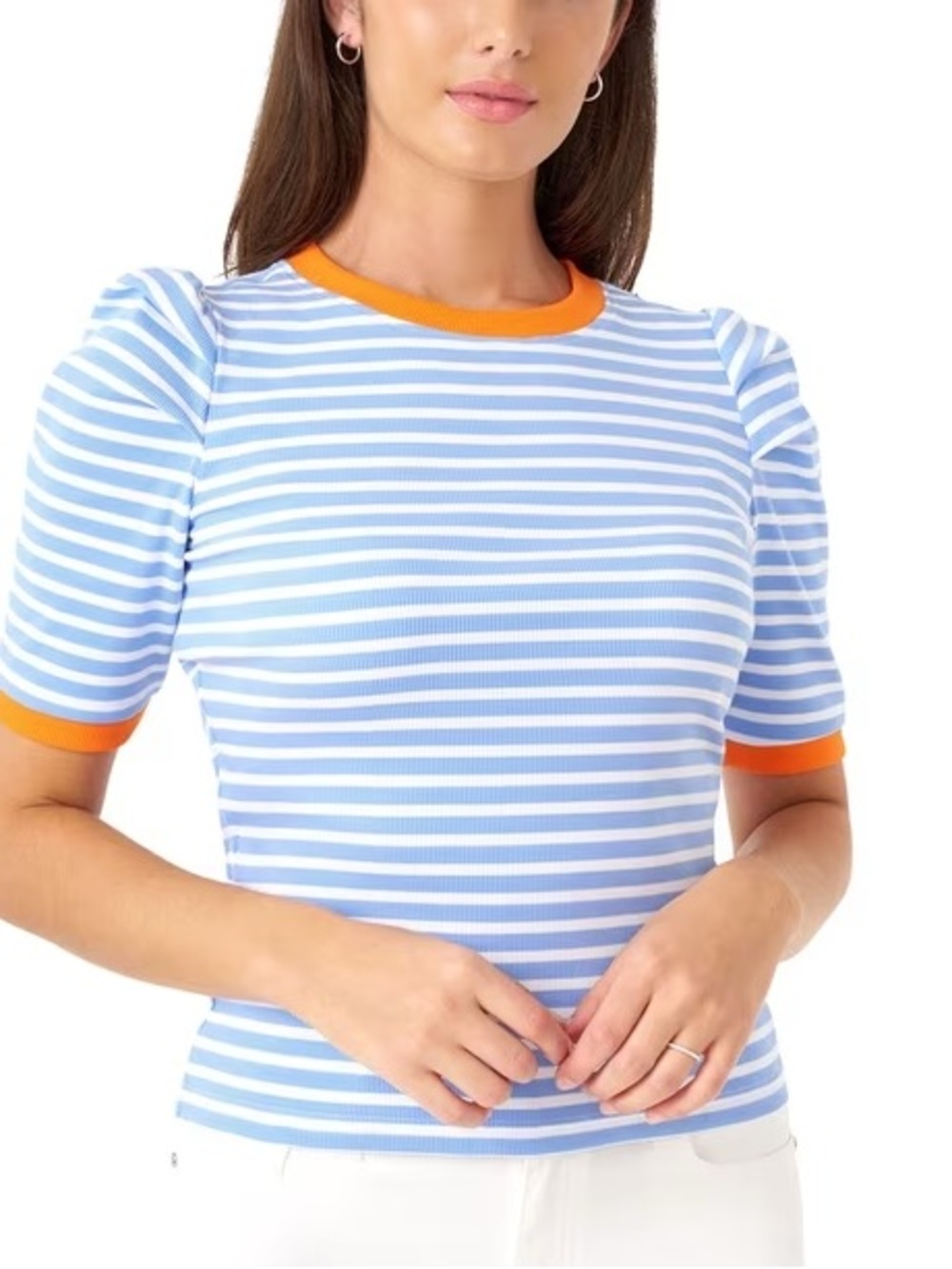 Rebecca Minkoff Striped Puff-Sleeve Tee in Light Blue, White & Orange